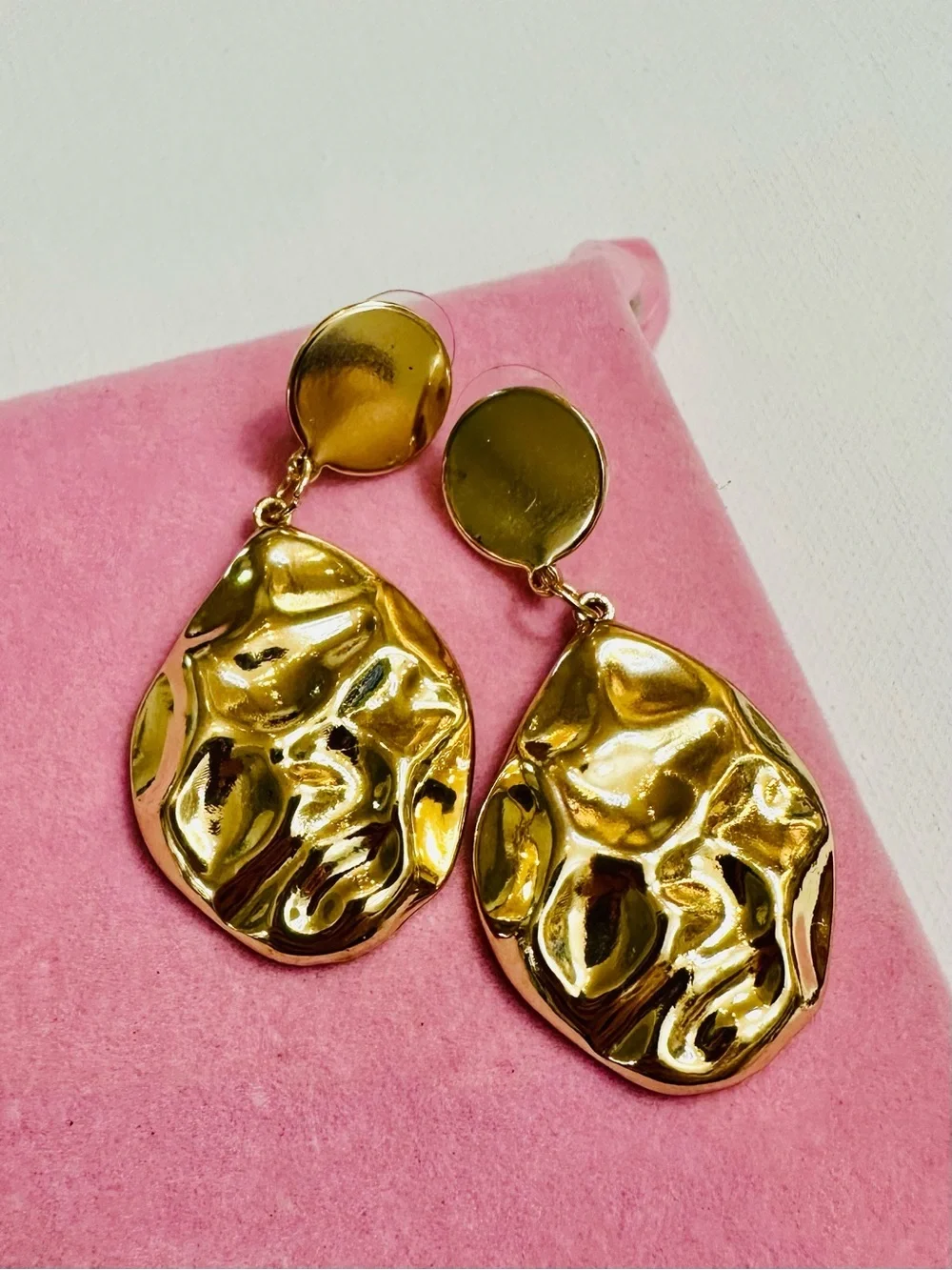 Gold Tone Hammered Statement Dangle Earrings - Picture 2 of 2